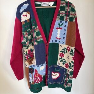 Vintage Patchwork Farmhouse Cardigan Sweater Cottagecore Apple Barn Sheep Knit
